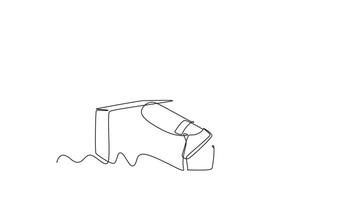 Animated self drawing of continuous line draw of young man startup founder reading company annual report on tablet and calling team member to confirm. Report validation. Full length one line animation video