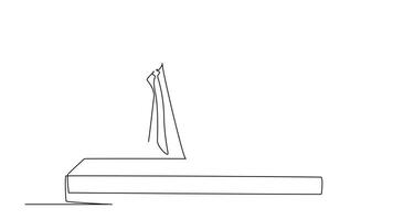 Animated self drawing of continuous line draw young business man standing in front of desk computer screen and holding phone calling his staff. Business talk concept. Full length single line animation video