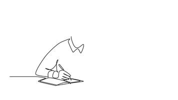 Animated self drawing of continuous line draw of young male employee holding smartphone while writing report on paper and reading business report on monitor computer. Full length single line animation video