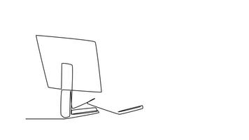 Self drawing animation of single line draw young male company director giving short brief through phone call to his team member from office. Business talk. Continuous line draw. Full length animated video