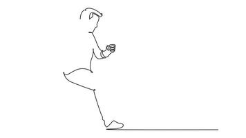 Animated self drawing of continuous line draw young businessman sitting relax on work chair and talking business strategy with his partner. Business analyze concept. Full length single line animation video
