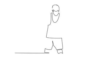 Animated self drawing of continuous line draw of basketball player holding basketball ball and typing chat message on smartphone. Mobile sports stream championship play. Full length one line animation video