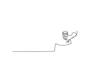 Animated self drawing of continuous line draw of success businessman typing chat message on smart phone to his business partner while holding cup of tea. Business deal. Full length one line animation video