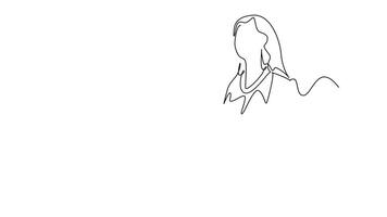 Self drawing animation of single line draw female employee talking with her work partner on phone while holding a cup of coffee drink. Drinking tea concept. Continuous line draw. Full length animated video