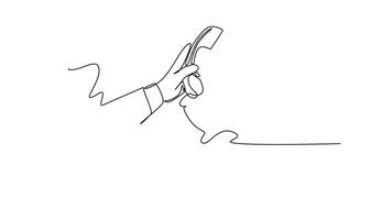 Animated self drawing of continuous line draw of gesture female hand picking handle retro classic analog phone up. Old vintage analog telephone communication concept. Full length single line animation video