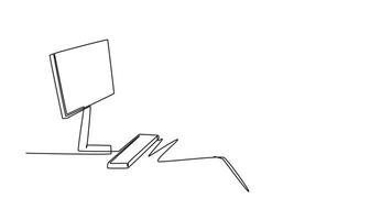 Animated self drawing of continuous line draw of young manager typing message on smartphone and sending to his colleague while siting at office. Text messaging concept. Full length one line animation video