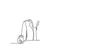 Self drawing animation of single line draw young female employee drinking a cup of coffee and calling her friend using cellphone at the office. Phone talk. Continuous line draw. Full length animated video