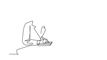 Self drawing animation of single line draw of young assistant manager receiving a phone and writing down her boss needs on piece of paper. Manager direction. Continuous line draw. Full length animated video