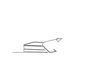 Self drawing animation of single line draw young business man sitting on office desk and holding phone calling his staff discuss financial report. Business talk. Continuous line. Full length animated video