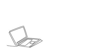 Animated self drawing of continuous line draw male employee holding smartphone during drinking cup of coffee and reading business journal on laptop. Office routine. Full length single line animation video