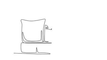 Animated self drawing of continuous line draw of young relax business man sitting on sofa while typing message text to staff on smart phone. Business call direction. Full length single line animation video