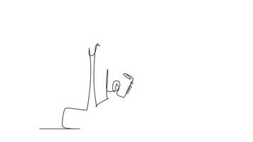 Self drawing animation of single line draw of female marketing manager discuss sales strategy with staff on phone while holding cup of coffee. Drinking tea. Continuous line draw. Full length animated video