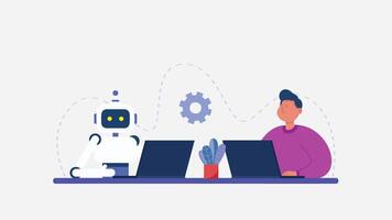 Two people working on laptops with a robot Man and Robot with Computers Sitting Together in Workplace Background video