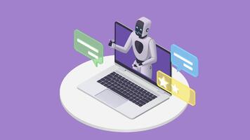 Call Center Support ai Robot chat is sitting on a laptop with a chat bubble background video