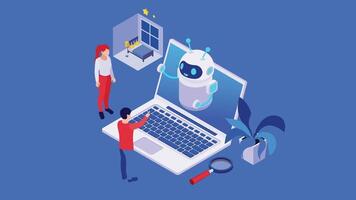 Man and woman are working on a laptop with a robot People Talking to Chatbot on Booking Website Background video
