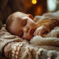 Newborn cute baby sleeping in bed. Professional photo shoot in Christmas style with bokeh lights on the background. Calm atmosphere, beautiful decorations, professional photo, greeting card, banner.