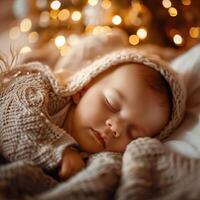 Newborn cute baby sleeping in bed. Professional photo shoot in Christmas style with bokeh lights on the background. Calm atmosphere, beautiful decorations, professional photo, greeting card, banner.