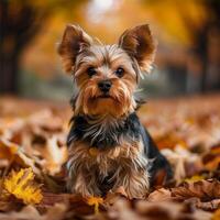 Yorkshire terrier sits in the park among the fallen bright autumn leaves. A small dog enjoys a walk in the fresh air. photo