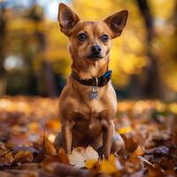 A toy terrier sits in a park among fallen bright autumn leaves. A small dog enjoys a walk in the fresh air. photo
