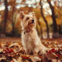 Yorkshire terrier sits in the park among the fallen bright autumn leaves. A small dog enjoys a walk in the fresh air. photo