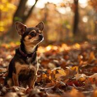 A toy terrier sits in a park among fallen bright autumn leaves. A small dog enjoys a walk in the fresh air. photo