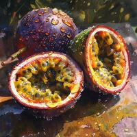 Fresh Passion Fruit With Dew Drops, Sliced Open And Bathed In Sunlight. Tropical Fruits, Summer vibe photo