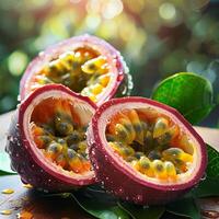 Fresh Passion Fruit With Dew Drops, Sliced Open And Bathed In Sunlight. Tropical Fruits, Summer vibe photo