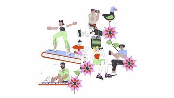 Multiracial people enjoying hobbies line 2D animation. Diverse adults leisure activities 4K motion graphic. Interesting lifestyle linear animated cartoon flat concept, white background video
