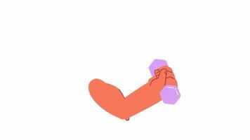 Training arm muscles with dumbbell line 2D character hand animation. Healthy activity flat color cartoon 4K , alpha channel. Doing weightlifting workout animated hand on white background video