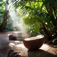Fresh coconut on the ground in the jungle against the backdrop of sun and foggy haze, palm trees and wildlife. Fresh and cool, perfect for food and nutrition concepts. photo
