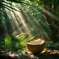 Fresh coconut on the ground in the jungle against the backdrop of sun and foggy haze, palm trees and wildlife. Fresh and cool, perfect for food and nutrition concepts. photo