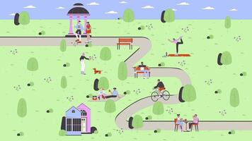 Green summer park in city line cartoon animation. Walkable town. Public garden to walk and rest 4K motion graphic. Nature at urban area 2D linear animated characters on landscape background video