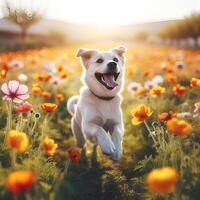 Puppy in the flowers. Joyful Dog Running Through a Field of Blooming Flowers Captured in High Definition Image photo
