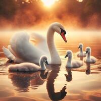 An image of two swans in a pond, with small chicks. Two swans forming the shape of a heart on a serene lake. Creating a romantic scene suitable for use in a love theme and wedding photo