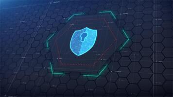 Hexagon digital hud and Shield Icon of Cyber Security. Digital Data Network Protection. High-speed connection data analysis. Technology data binary code network conveying. Future technology background video
