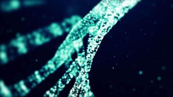 abstrato animado construção do uma dna molécula a partir de partículas. conceito animação do digital dna. dna código estrutura com brilho. médico pesquisar, genético Engenharia, biologia. futurista 4k animação video