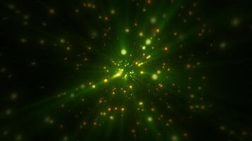 Abstract bright green glowing background with flying dots circles bokeh energy particles and light rays, in high quality 4k, motion design video