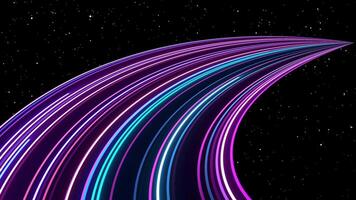 Curve neon lines with glowing speed trails. Appear, slide up and fade way center. Traveling through star fields space colorful light glowing. Space Nebula moving with stars space nebula galaxy video