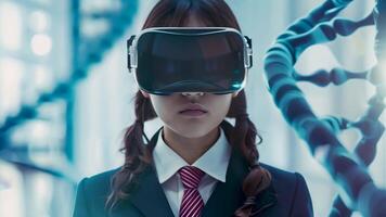 Schoolgirl in uniform using VR headset with DNA background, exploring scientific concepts in an immersive virtual reality experience video