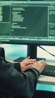 Vertical Cyber intelligence team using advanced technology to secure computer networks, governmental espionage system. Emphasizing cyber security and threat detection to combat cyberterrorism. Camera A. video