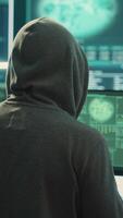 Vertical Cyber security specialist conducting cyber surveillance and threat detection in a governmental agency. Professional hackers team managing cybercrime prevention and malware detection. Camera A. video