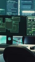 Vertical Empty governmental cyber security room with computers and software displays. Emphasis on network security, cyber defense, and intelligence gathering to prevent cyber attacks and espionage. Camera A. video