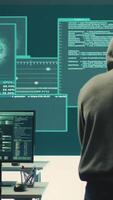 Vertical Pleased proud hackers team jumping around after gaining access into rival government database, feeling happy about their success. Professional IT experts hacking network systems. Camera A. video
