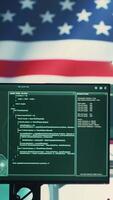 Vertical Empty cybersecurity operations center featuring an American flag. Highlighting IT, digital security and advanced technology for secure computing and cyber intelligence. Hybrid warfare. Camera A. video