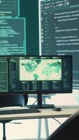 Vertical Empty cyber operations center for governmental hacking and threat detection. Equipped with technology for monitoring cyber threats, cybercrime, and safeguarding digital information. Camera A. video