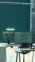 Vertical High tech governmental cyber security room without staff at work. Preventing cyber threats, phishing attacks and data breaches with advanced network security and digital protection. Camera A. video