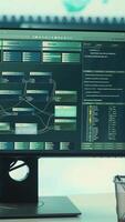 Vertical Cyber security monitoring room with high tech equipment. Governmental focus on cyber operations, cyber surveillance, and digital threats protection in an empty command workspace. Camera A. video