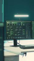 Vertical Secure surveillance room with advanced computer technology for cyber threat detection. Governmental cyber security measures in place to protect information and prevent data breaches. Camera A. video
