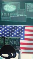 Vertical High tech governmental cyber operations center with USA flag. Network security, cyber defense and global surveillance to protect national security. Hacking tools for digital defense. Camera B. video