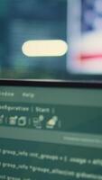 Vertical Empty high tech office with a big screen showing an American flag, representing cybersecurity operations. Encryption, malware detection and security protocols to ensure data security. Camera B. video